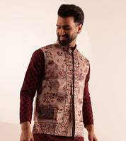 Men's Velvet Maroon Nehru Jacket With Paisley Print