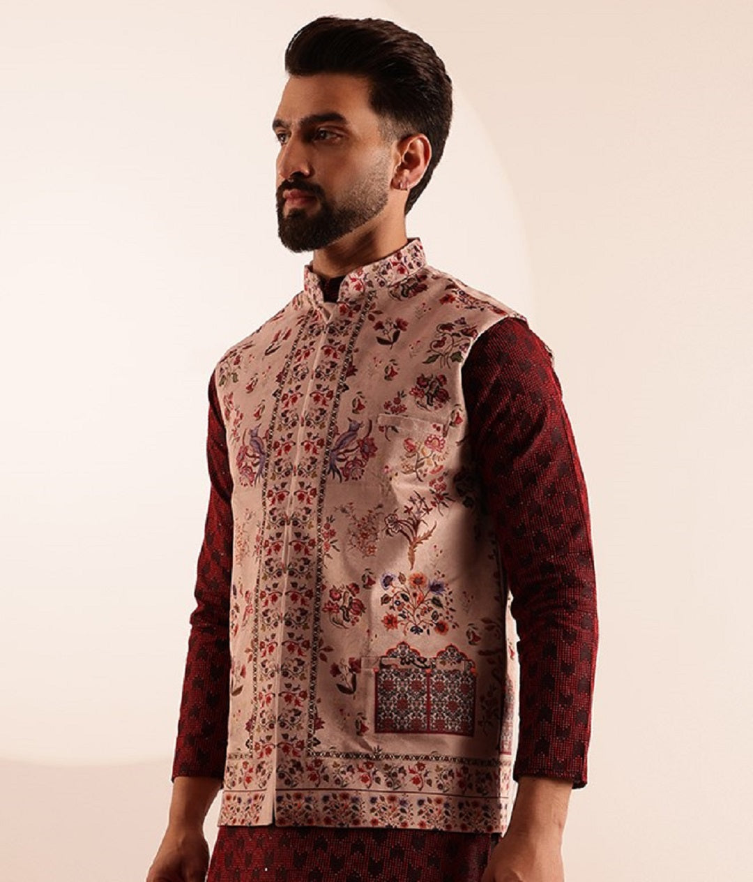 Men's Velvet Maroon Nehru Jacket With Paisley Print