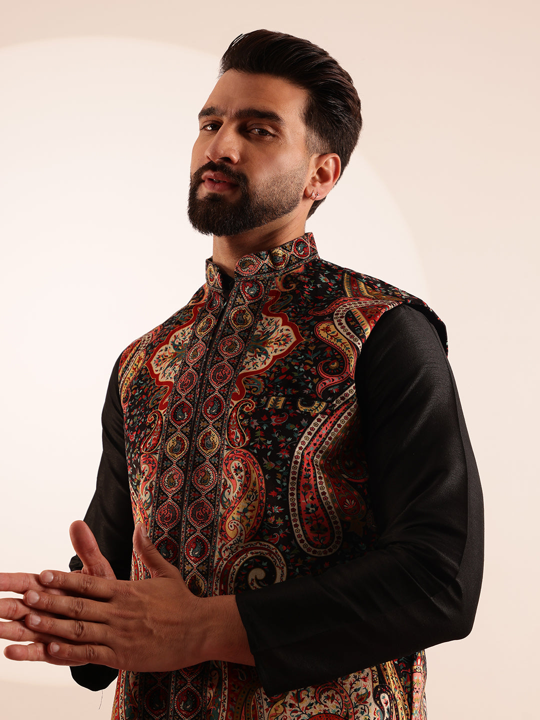 Men's Velvet Black & Beige Nehru Jacket With Paisley Print