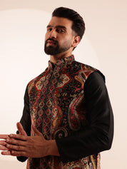 Men's Velvet Black & Beige Nehru Jacket With Paisley Print