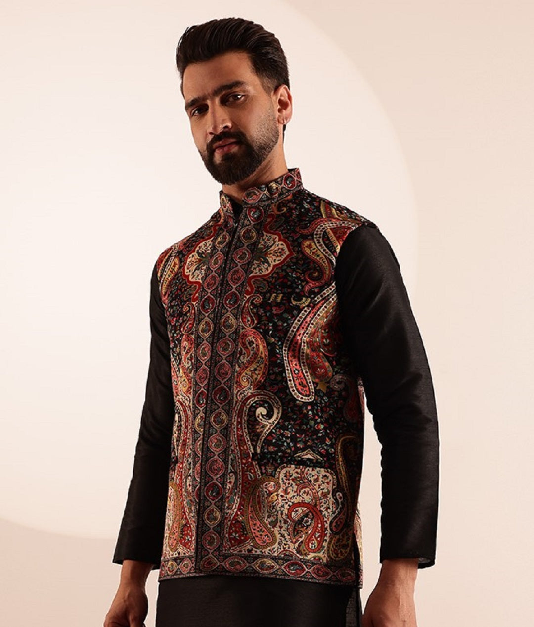 Men's Velvet Black & Beige Nehru Jacket With Paisley Print