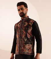 Men's Velvet Black & Beige Nehru Jacket With Paisley Print