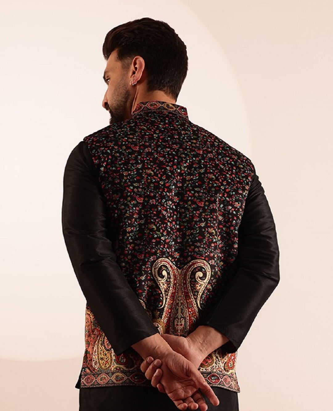 Men's Velvet Black & Beige Nehru Jacket With Paisley Print