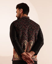 Men's Velvet Black & Beige Nehru Jacket With Paisley Print