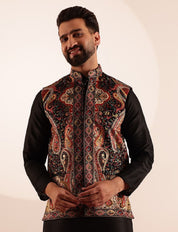 Men's Velvet Black & Beige Nehru Jacket With Paisley Print