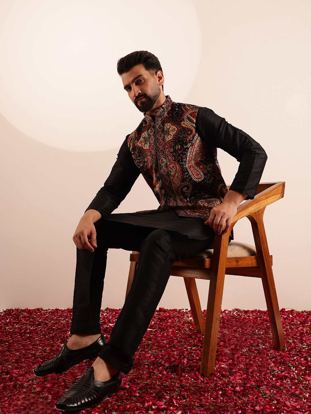 Men's Velvet Black & Beige Nehru Jacket With Paisley Print