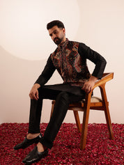 Men's Velvet Black & Beige Nehru Jacket With Paisley Print