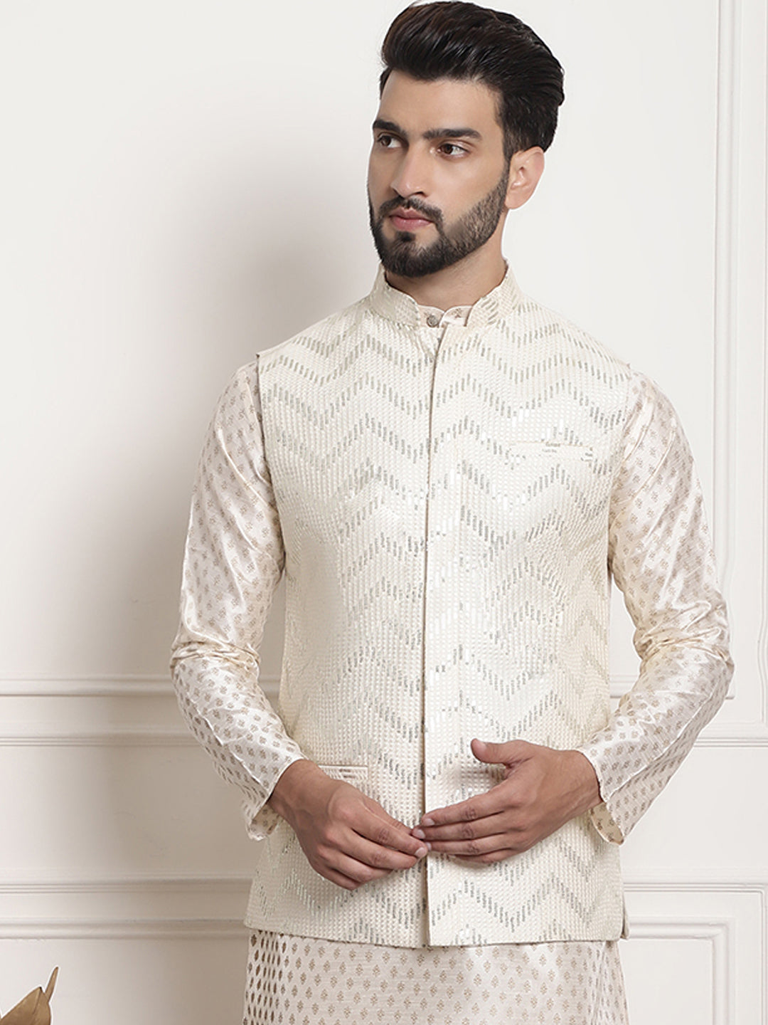 Men's Silk Blend, Gold Sequence Embroidered Cream