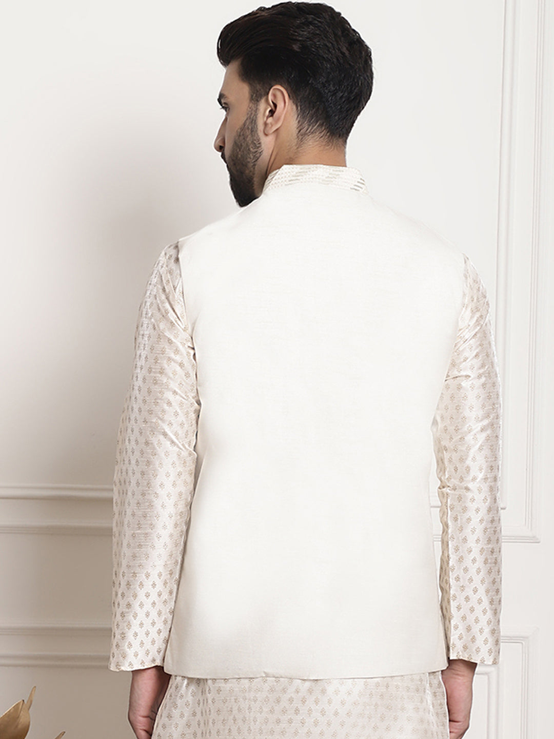 Men's Silk Blend, Gold Sequence Embroidered Cream