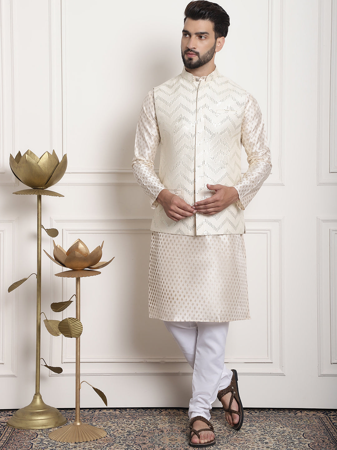 Men's Silk Blend, Gold Sequence Embroidered Cream