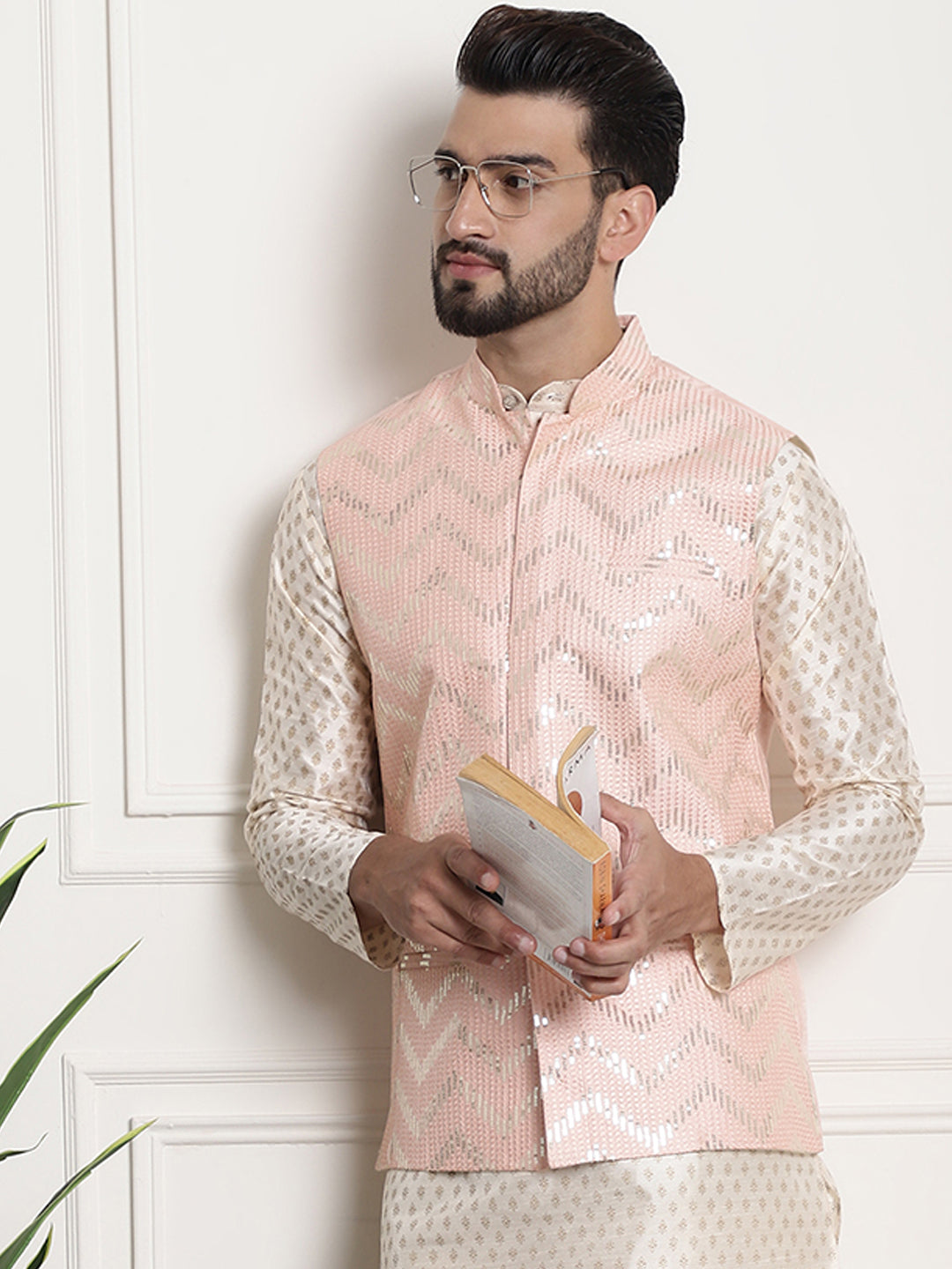 Men's Silk Blend, Gold Sequence Embroidered Peach