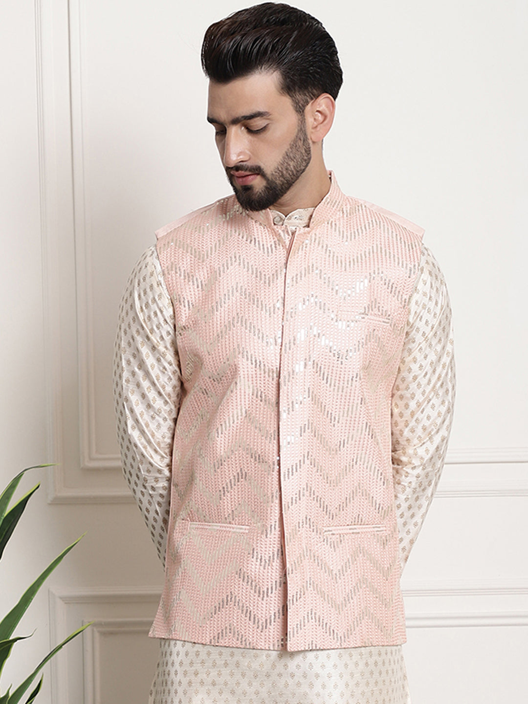 Men's Silk Blend, Gold Sequence Embroidered Peach