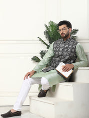 Men's Cotton Linen Self Design Pista Kurta and Cream Pyjama With Embroidered Black Nehru Jacket