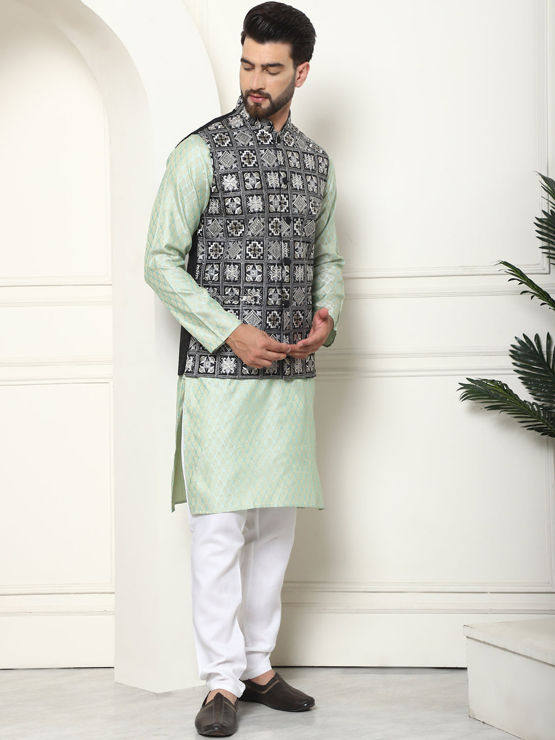 Men's Cotton Linen Self Design Pista Kurta and Cream Pyjama With Embroidered Black Nehru Jacket