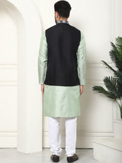 Men's Cotton Linen Self Design Pista Kurta and Cream Pyjama With Embroidered Black Nehru Jacket