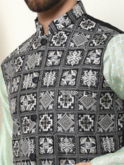 Men's Cotton Linen Self Design Pista Kurta and Cream Pyjama With Embroidered Black Nehru Jacket