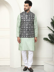 Men's Cotton Linen Self Design Pista Kurta and Cream Pyjama With Embroidered Black Nehru Jacket