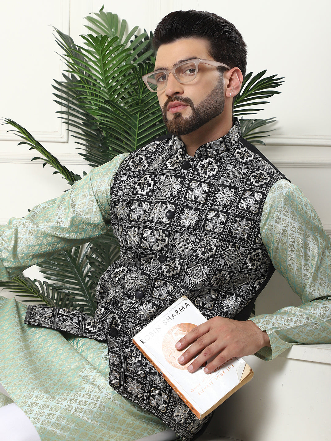 Men's Cotton Linen Self Design Pista Kurta and Cream Pyjama With Embroidered Black Nehru Jacket