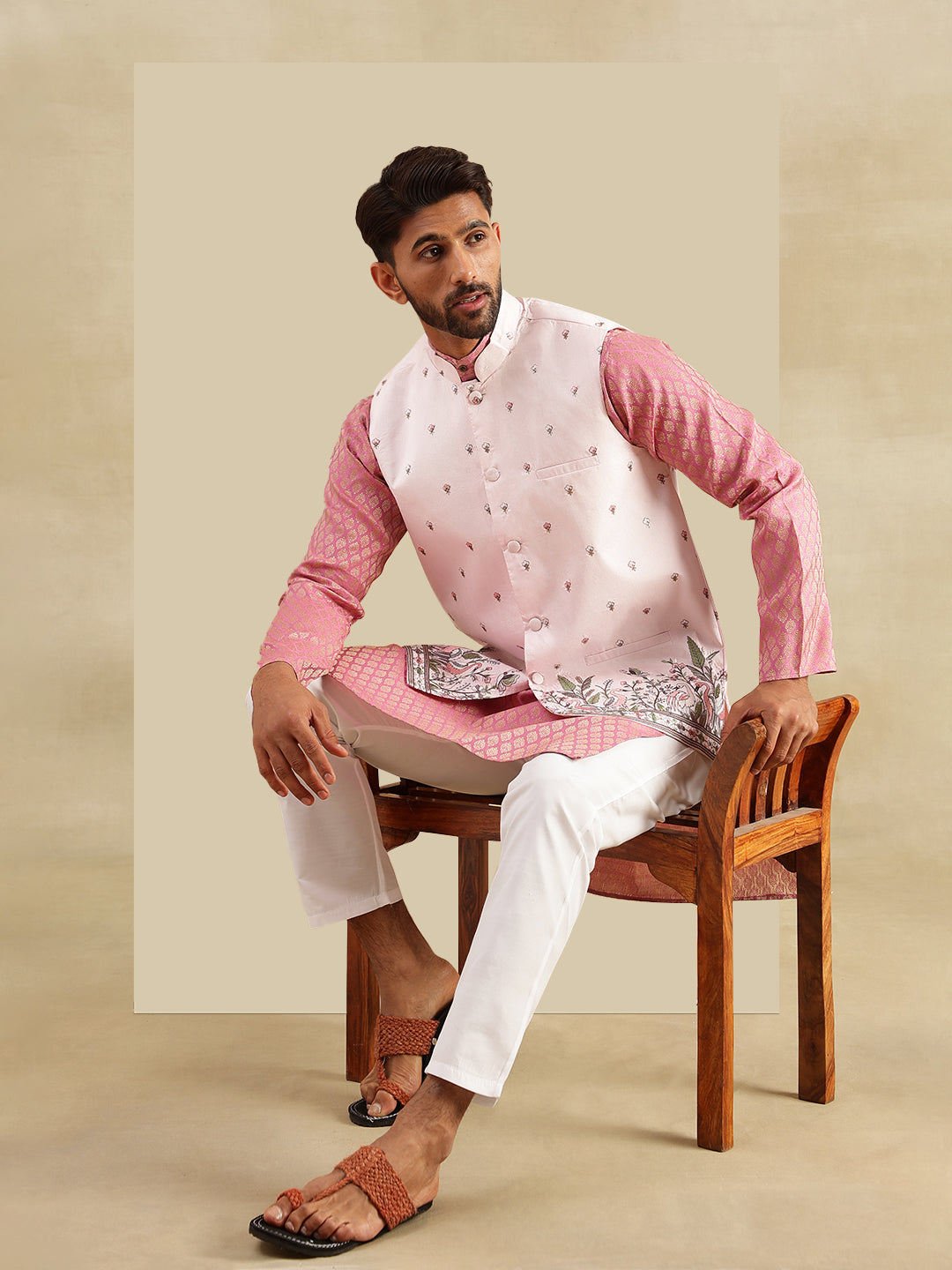 Men's Silk Blend Pink Kurta with White Pyjama & Daman Embroidered Pink Nehru Jacket