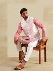Men's Silk Blend Pink Kurta with White Pyjama & Daman Embroidered Pink Nehru Jacket