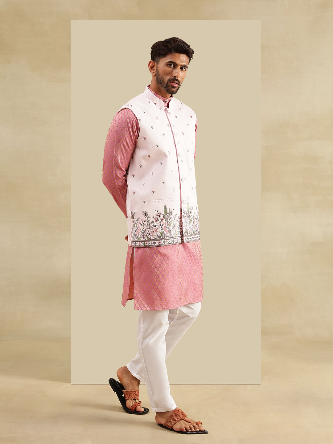 Men's Silk Blend Pink Kurta with White Pyjama & Daman Embroidered Pink Nehru Jacket
