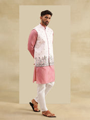 Men's Silk Blend Pink Kurta with White Pyjama & Daman Embroidered Pink Nehru Jacket