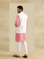 Men's Silk Blend Pink Kurta with White Pyjama & Daman Embroidered Pink Nehru Jacket