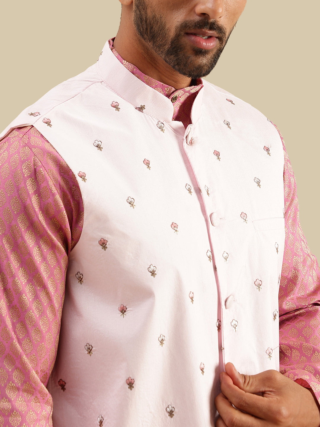Men's Silk Blend Pink Kurta with White Pyjama & Daman Embroidered Pink Nehru Jacket