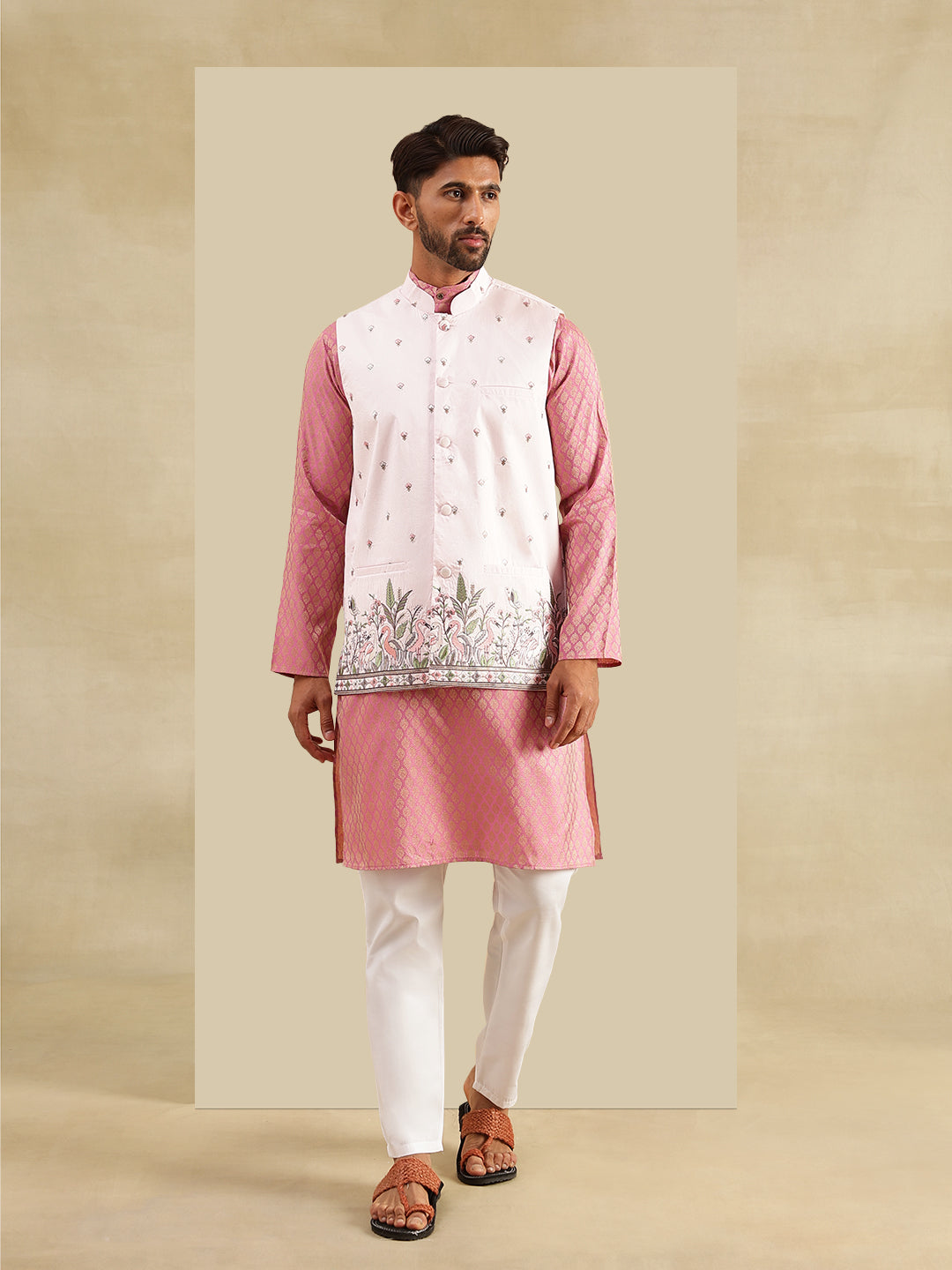 Men's Silk Blend Pink Kurta with White Pyjama & Daman Embroidered Pink Nehru Jacket
