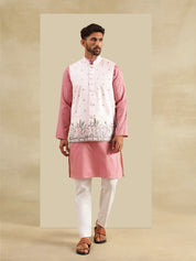 Men's Silk Blend Pink Kurta with White Pyjama & Daman Embroidered Pink Nehru Jacket