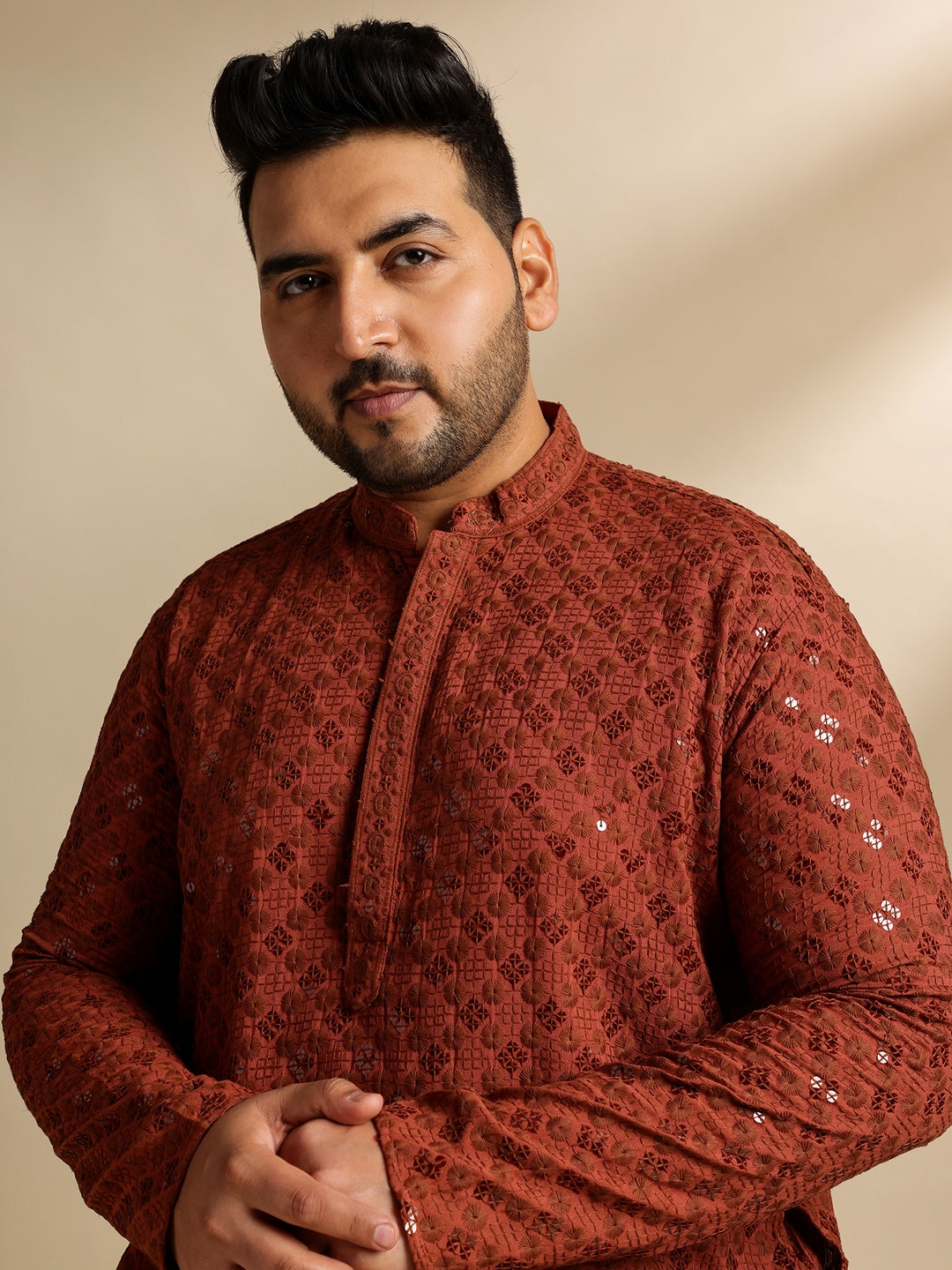 Men's Cotton Floral & Cross-Stitch Sequins Embroidered Brown Long Kurta