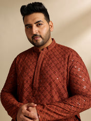 Men's Cotton Floral & Cross-Stitch Sequins Embroidered Brown Long Kurta