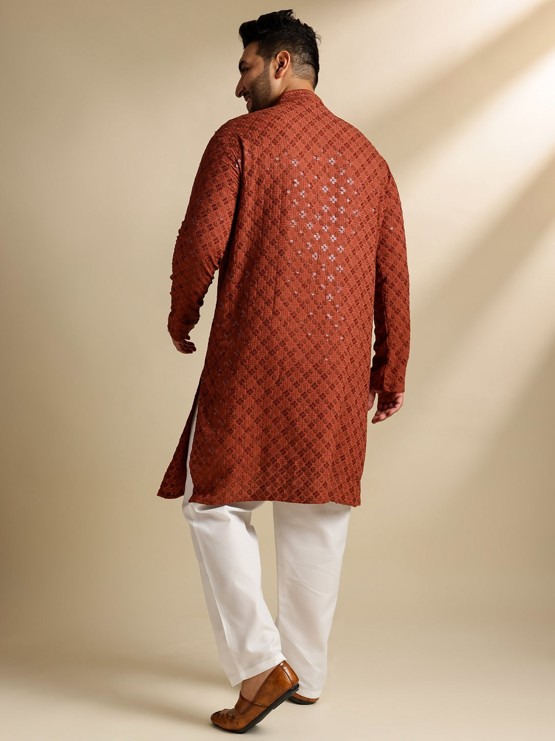 Men's Cotton Floral & Cross-Stitch Sequins Embroidered Brown Long Kurta