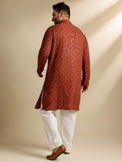 Men's Cotton Floral & Cross-Stitch Sequins Embroidered Brown Long Kurta