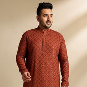 Men's Cotton Floral & Cross-Stitch Sequins Embroidered Brown Long Kurta