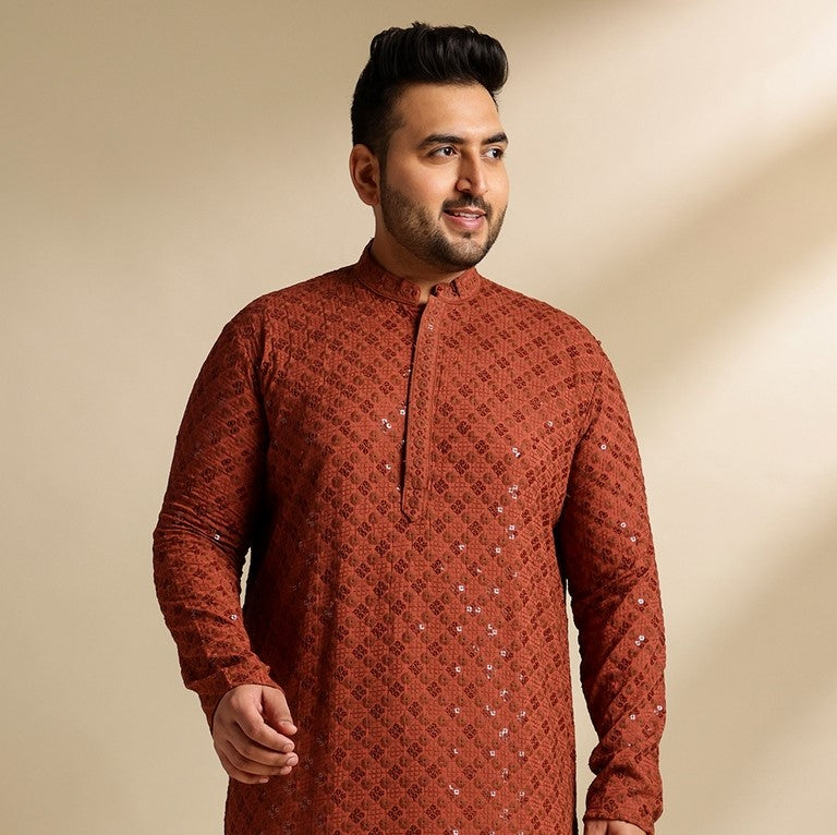 Men's Cotton Floral & Cross-Stitch Sequins Embroidered Brown Long Kurta