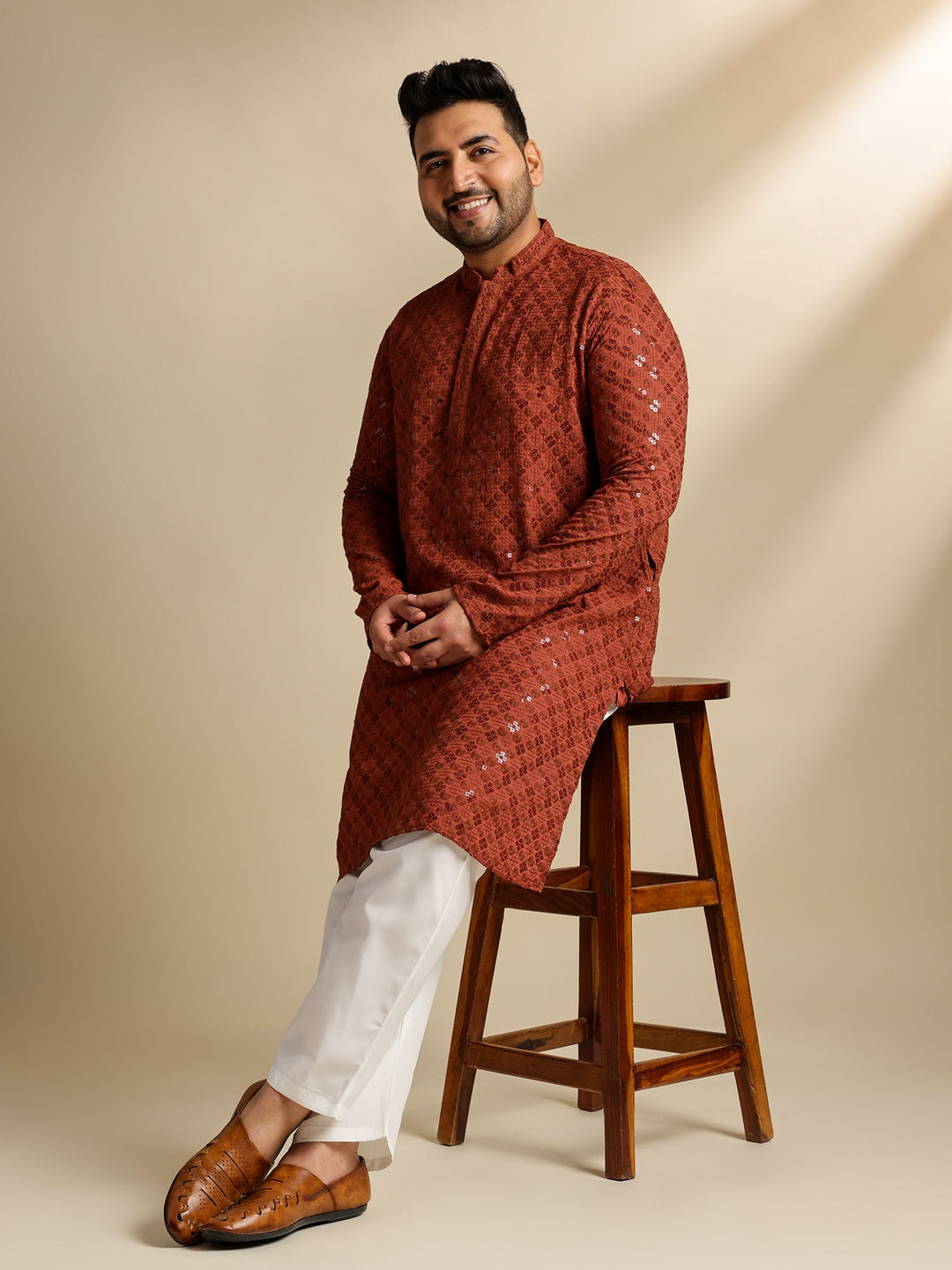 Men's Cotton Floral & Cross-Stitch Sequins Embroidered Brown Long Kurta