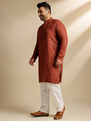 Men's Cotton Floral & Cross-Stitch Sequins Embroidered Brown Long Kurta