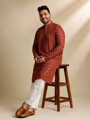 Sojanya Plus (Since 1958) Men's Cotton Floral & Cross-Stitch Sequins Brown Kurta With Pyjama