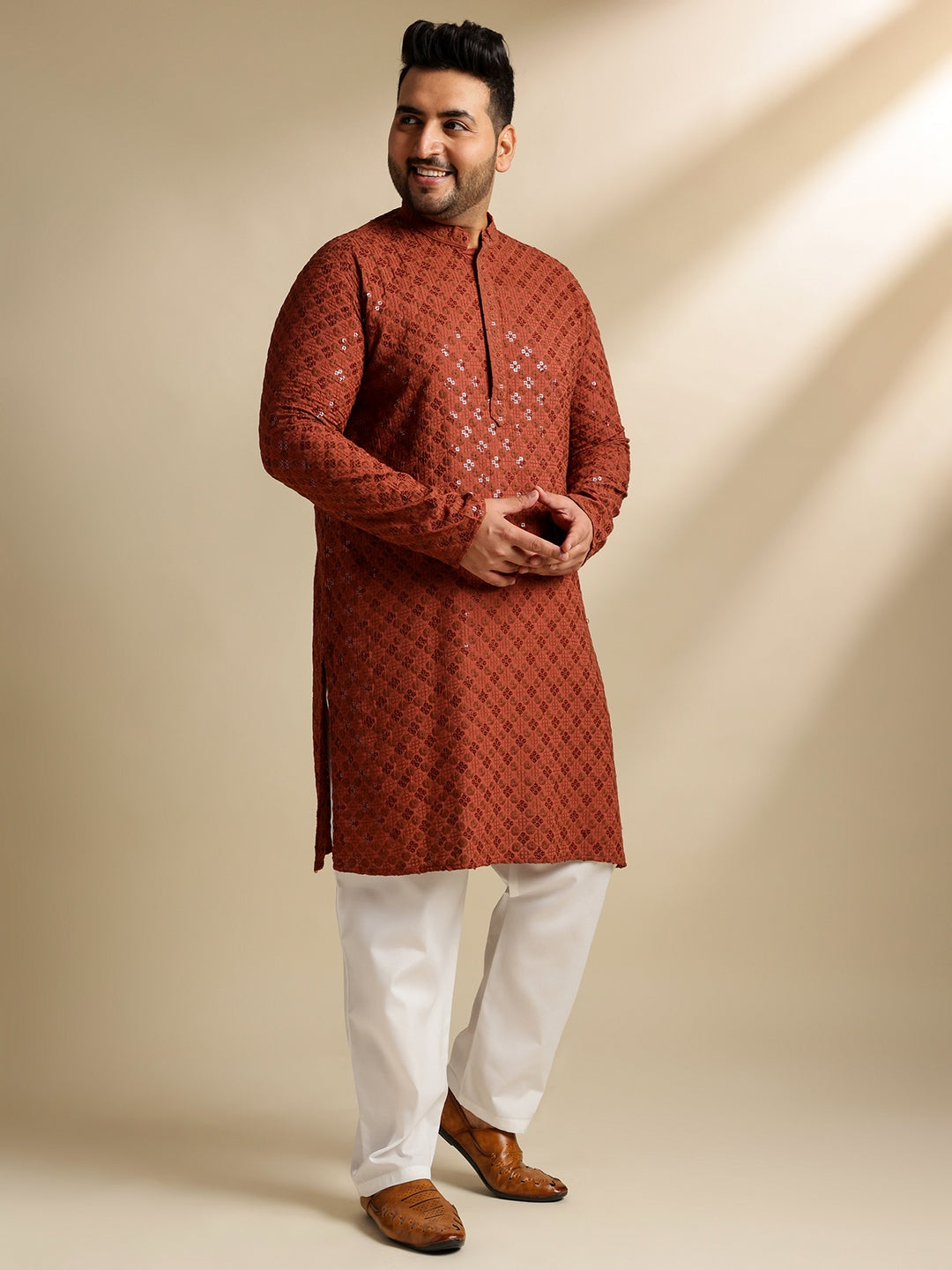 Sojanya Plus (Since 1958) Men's Cotton Floral & Cross-Stitch Sequins Brown Kurta With Pyjama