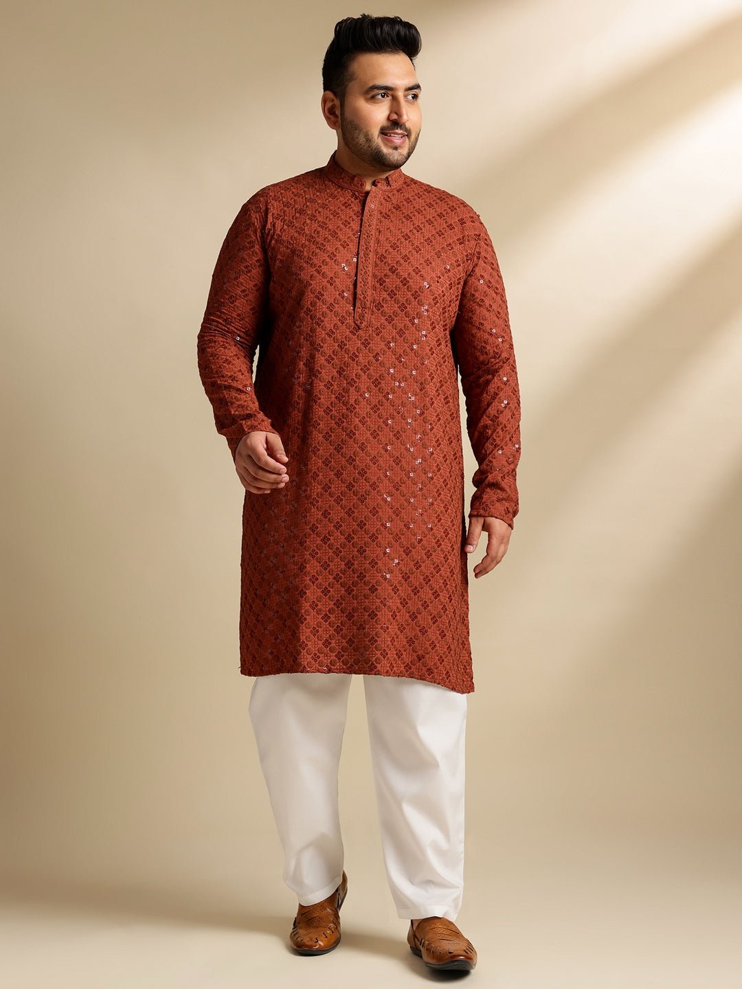 Sojanya Plus (Since 1958) Men's Cotton Floral & Cross-Stitch Sequins Brown Kurta With Pyjama
