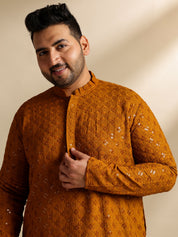 Men's Cotton Floral & Cross-Stitch Sequins Embroidered Mustard Long Kurta