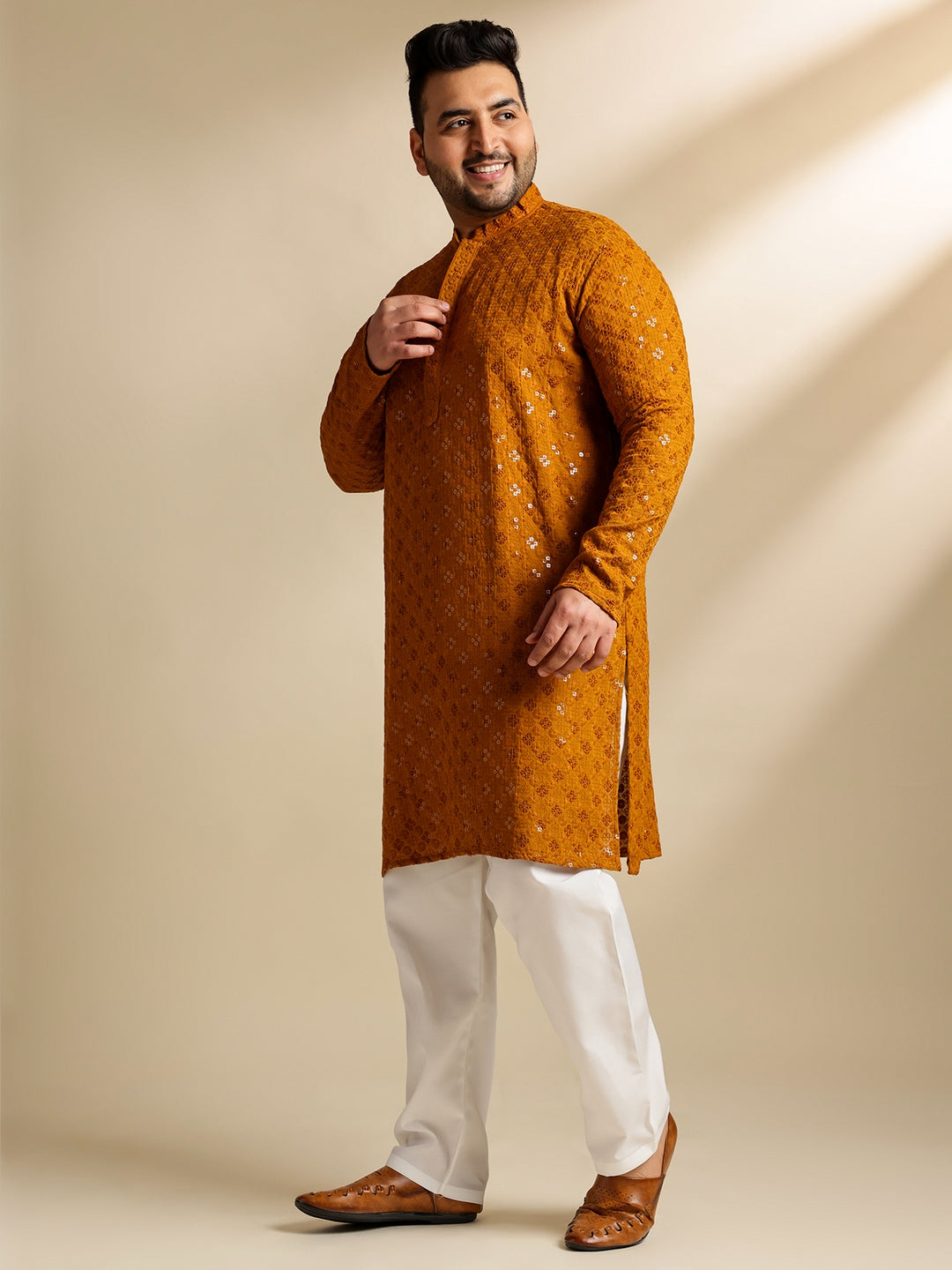 Men's Cotton Floral & Cross-Stitch Sequins Embroidered Mustard Long Kurta