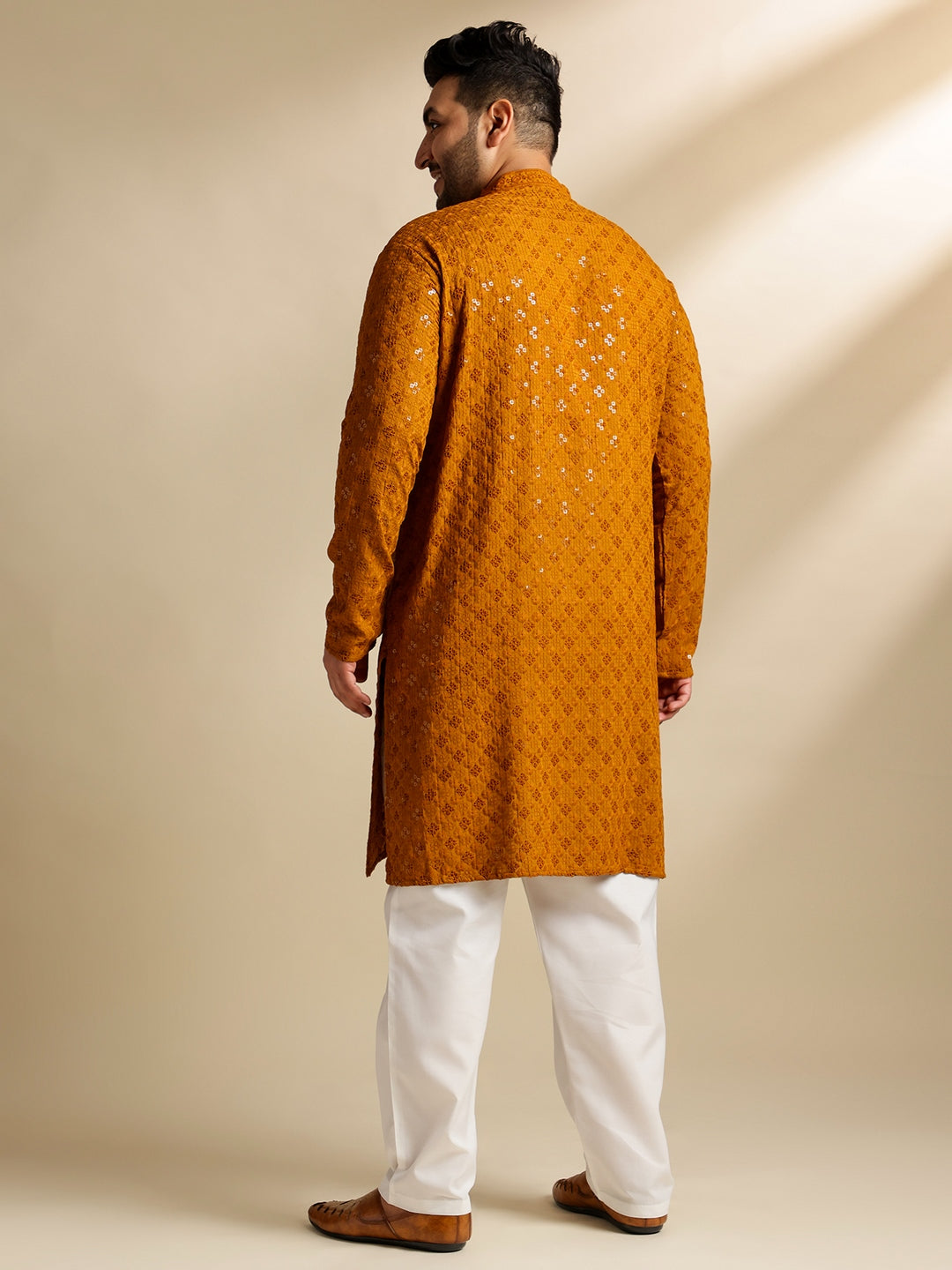 Men's Cotton Floral & Cross-Stitch Sequins Embroidered Mustard Long Kurta