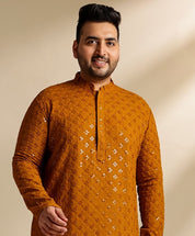 Men's Cotton Floral & Cross-Stitch Sequins Embroidered Mustard Long Kurta