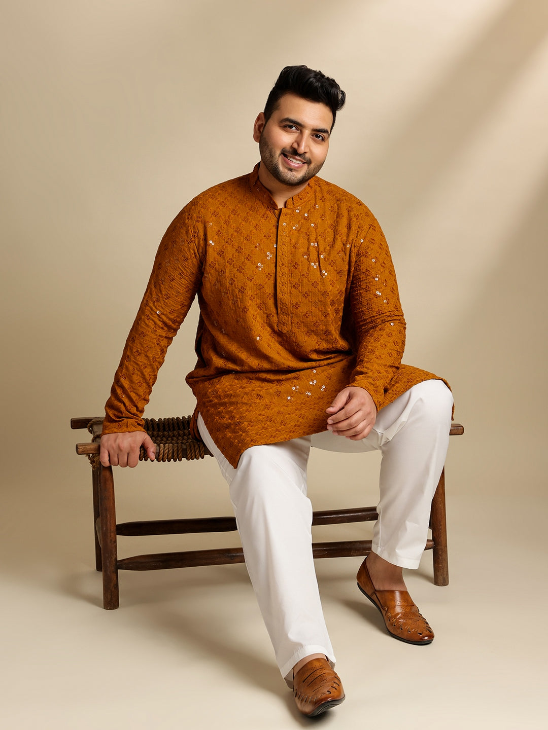 Men's Cotton Floral & Cross-Stitch Sequins Embroidered Mustard Long Kurta
