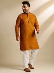 Men's Cotton Floral & Cross-Stitch Sequins Embroidered Mustard Long Kurta