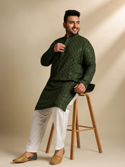 Sojanya Plus (Since 1958) Men's Cotton Floral & Cross-Stitch Sequins Green Kurta With Pyjama