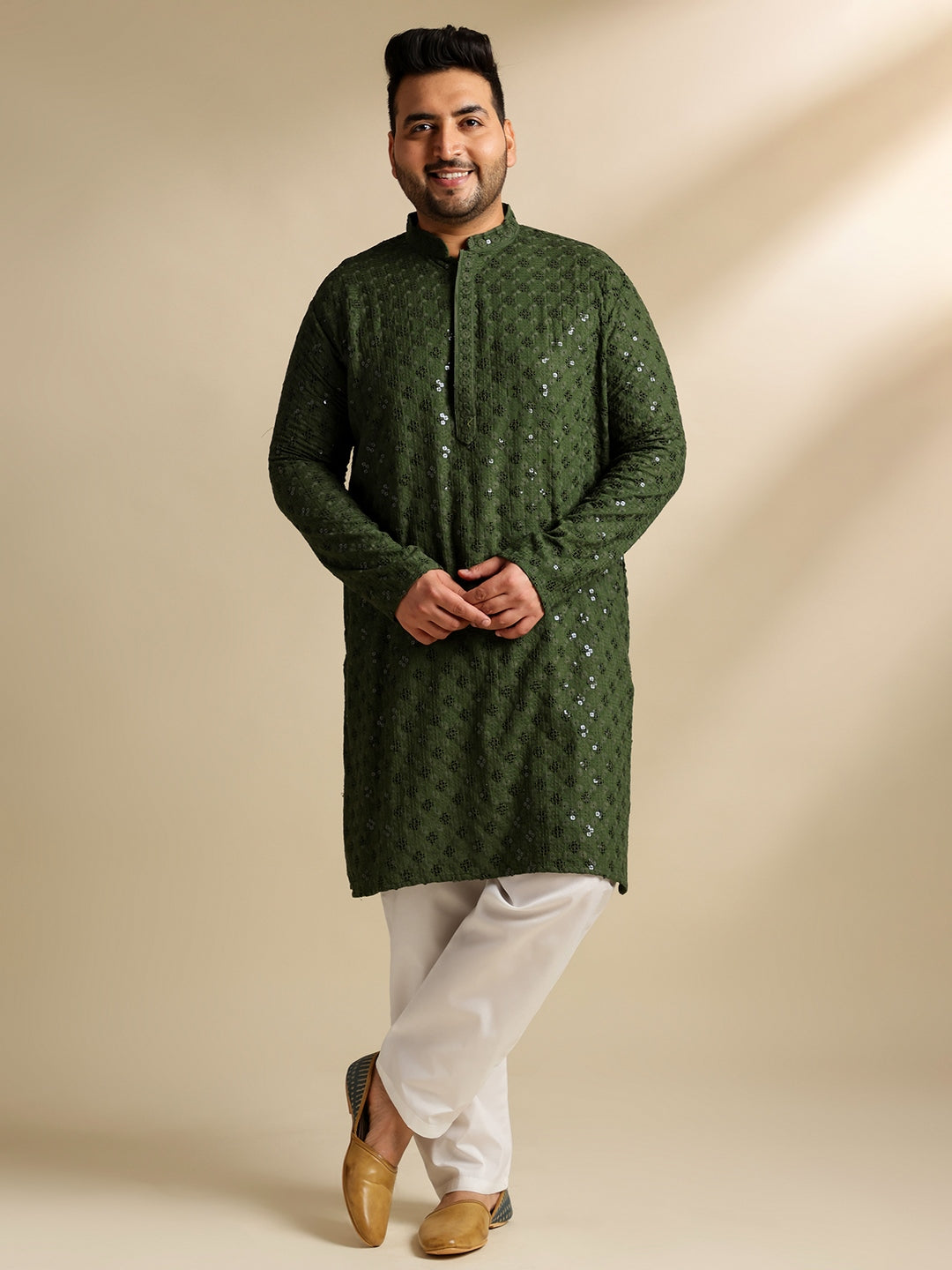 Sojanya Plus (Since 1958) Men's Cotton Floral & Cross-Stitch Sequins Green Kurta With Pyjama