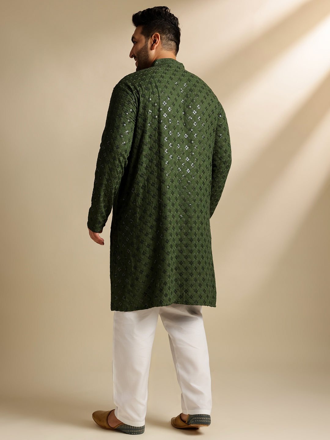 Sojanya Plus (Since 1958) Men's Cotton Floral & Cross-Stitch Sequins Green Kurta With Pyjama